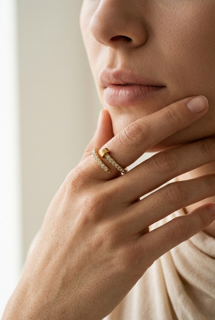 Grossiste COSMOS - Bague clou pavée ajustable moderne chic femme acier inoxydable doré argenté tendance