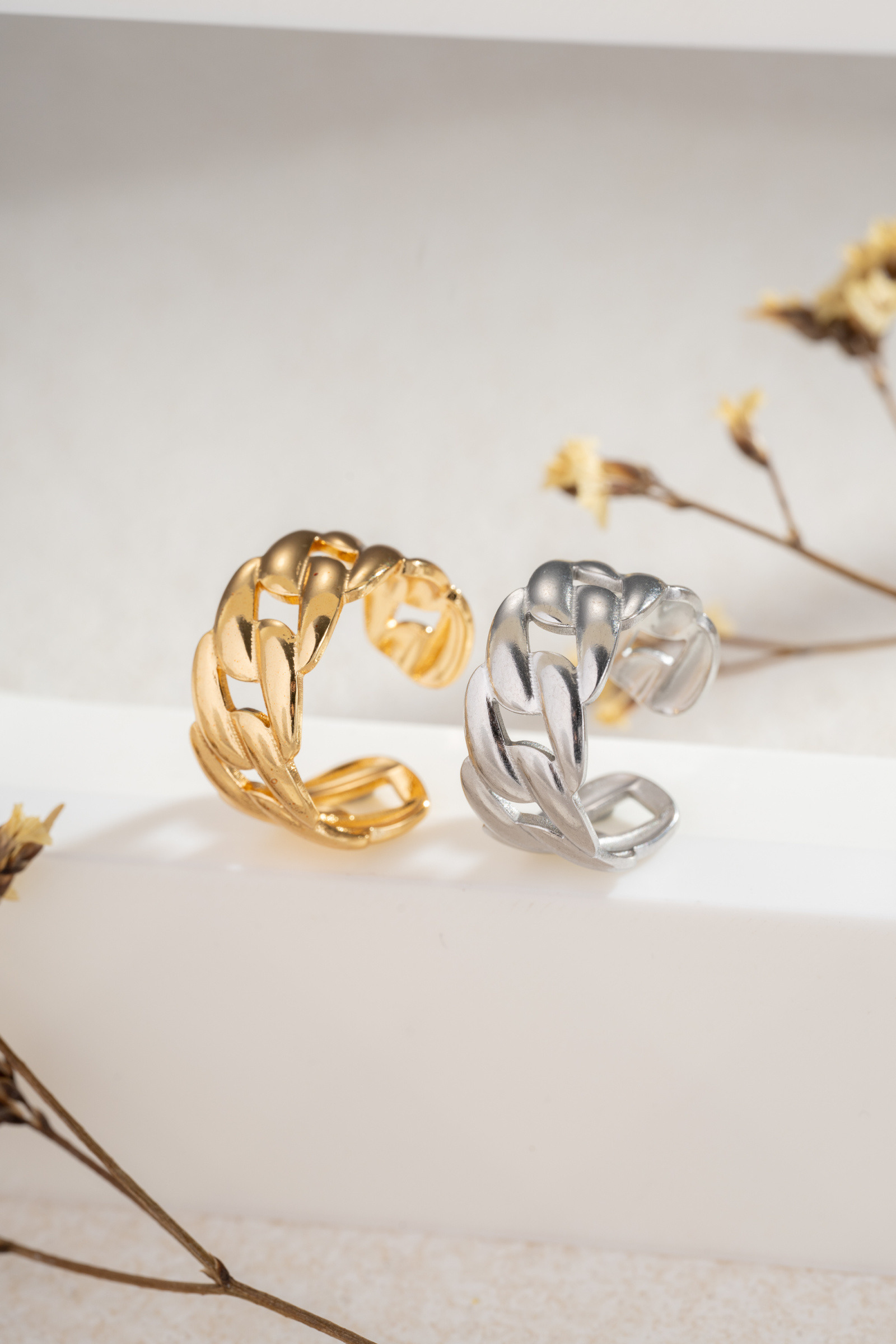 Mayorista COSMOS - Anillo de cadena ajustable de acero inoxidable dorado y plateado, joyería femenina moderna y minimalista