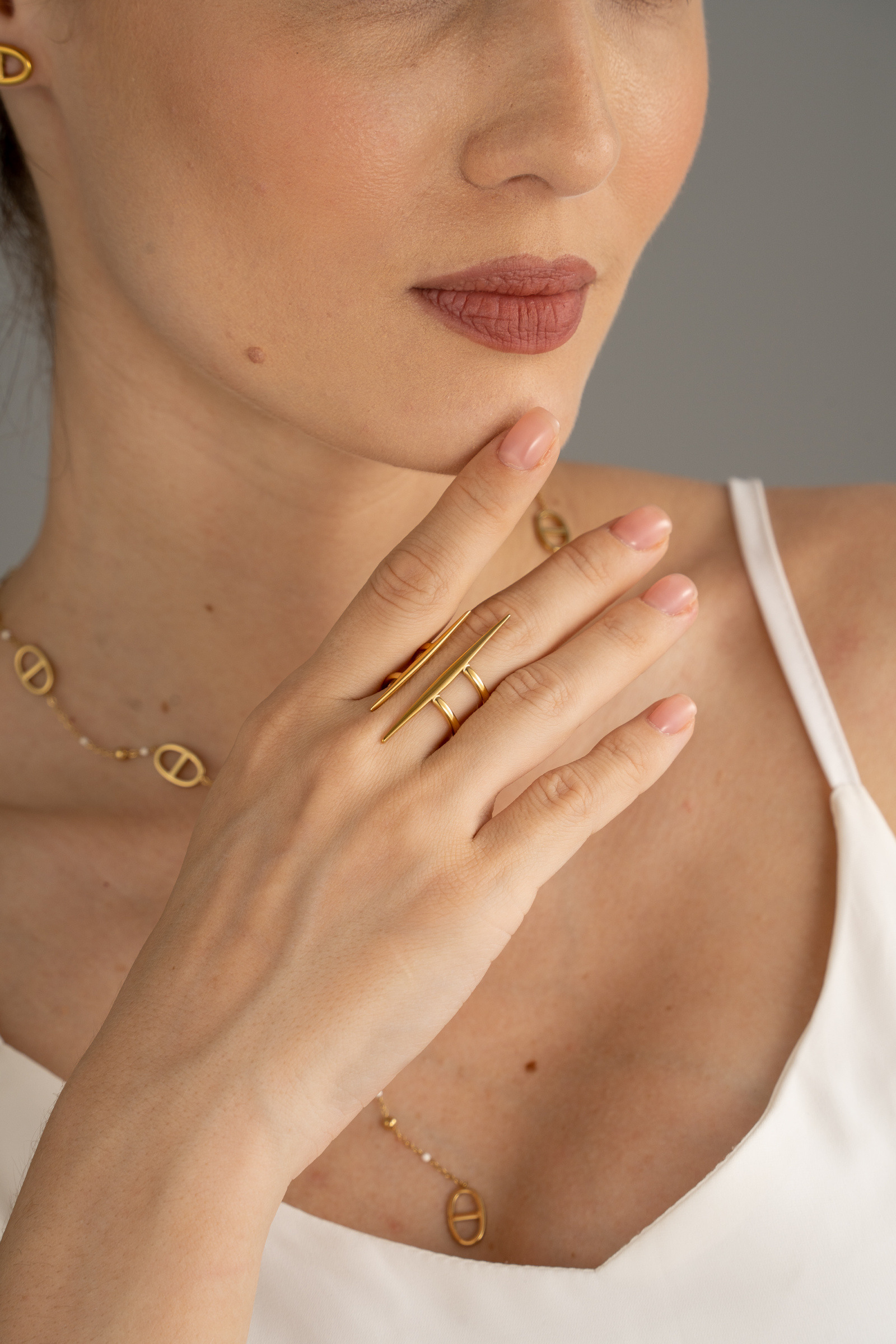 Wholesaler COSMOS - Modern geometric gold-plated double ring bar chic trendy minimalist women's ring