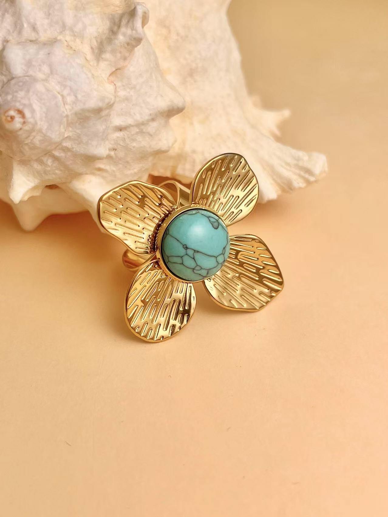 Grossista COSMOS - Anello a fiore largo con pietra turchese o bianca, acciaio inossidabile regolabile, donna bohémien