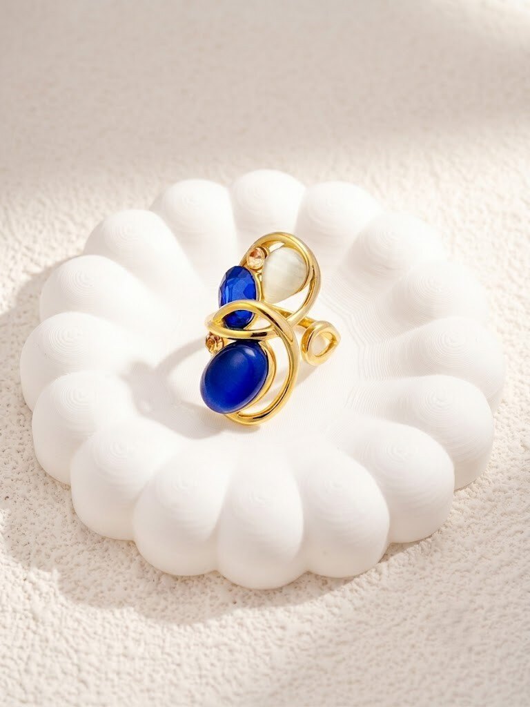 Grossiste COSMOS - Bague pierres colorées œil de chat acier inoxydable doré ajustable élégante moderne chic