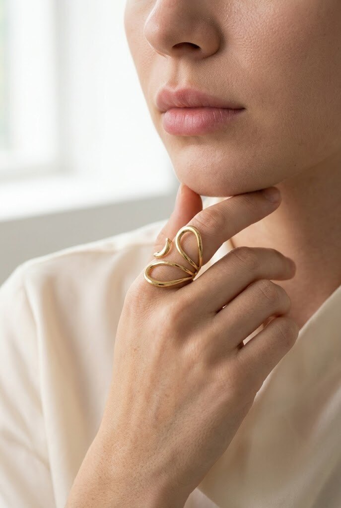 Wholesaler COSMOS - Modern organic open gold ring with curved drops for the chic, elegant, and trendy woman