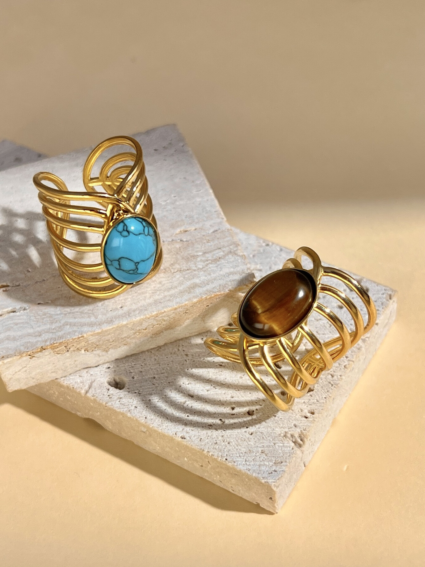 Wholesaler COSMOS - Large Gold Ring with Natural Stone - Stainless Steel