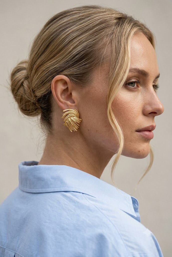 Grossiste COSMOS - Boucles oreilles feuille texturée acier inoxydable doré élégantes