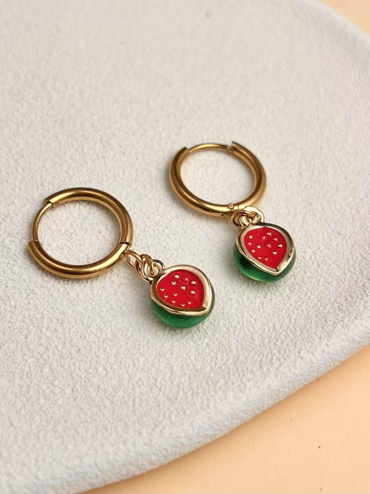 Wholesaler COSMOS - Original Watermelon Red Green Gold Stainless Steel Fruit Earrings
