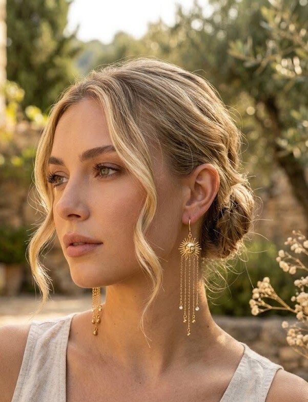 Grossiste COSMOS - Boucles d’oreilles soleil acier inoxydable doré chaînes pendantes élégantes