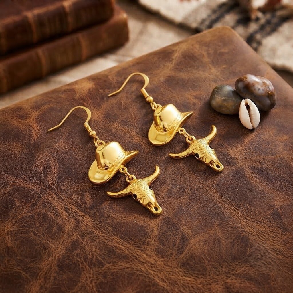 Grossiste COSMOS - Boucles d’oreilles dorées cowboy taureau western acier inoxydable audacieuses tendance