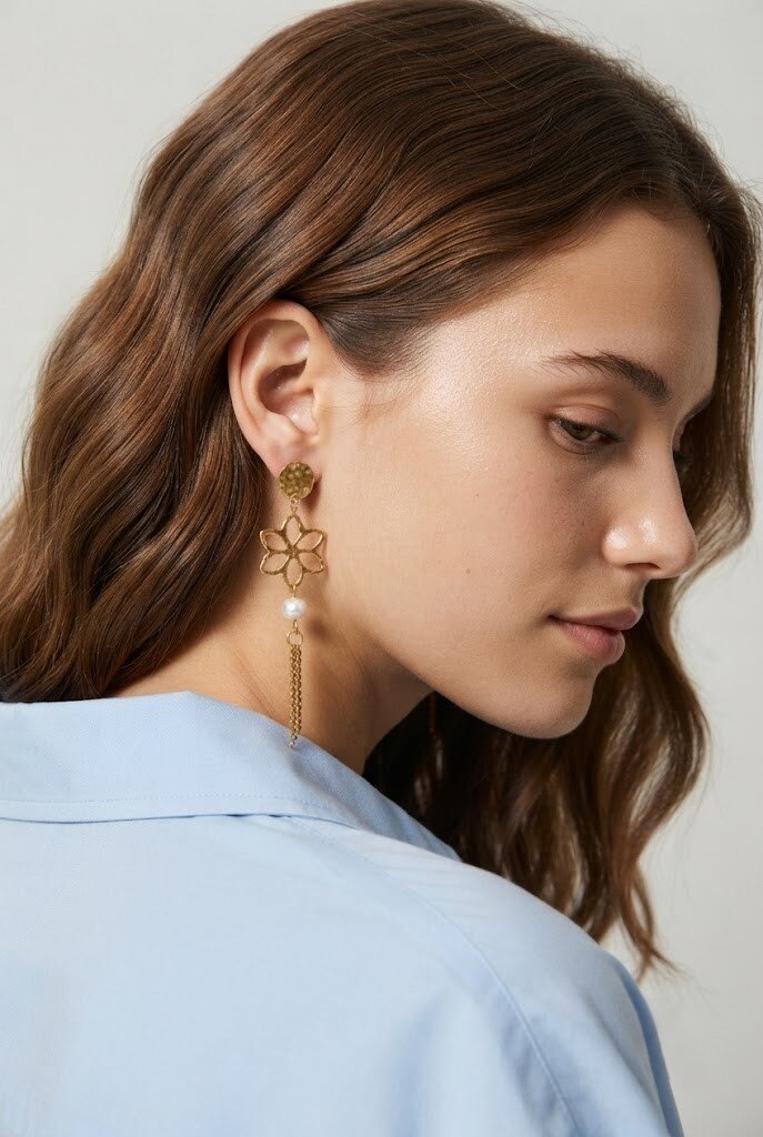 Grossiste COSMOS - Boucles oreilles fleur ajourée perle chaînettes acier inoxydable doré argenté élégant