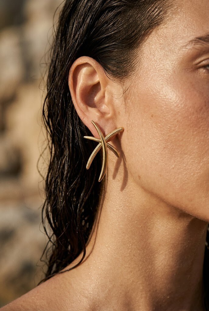 Wholesaler COSMOS - Golden Starfish Earrings Stainless Steel Sculpted Textured Natural Chic