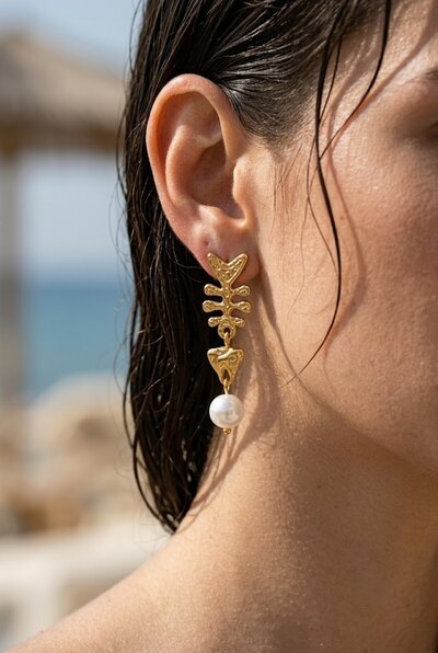 Grossiste COSMOS - Boucles poisson squelette doré acier inoxydable perle blanche pendante marine élégante Grossiste COSMOS - Boucles poisson squelette doré acier inoxydable perle blanche pendante marine élégante