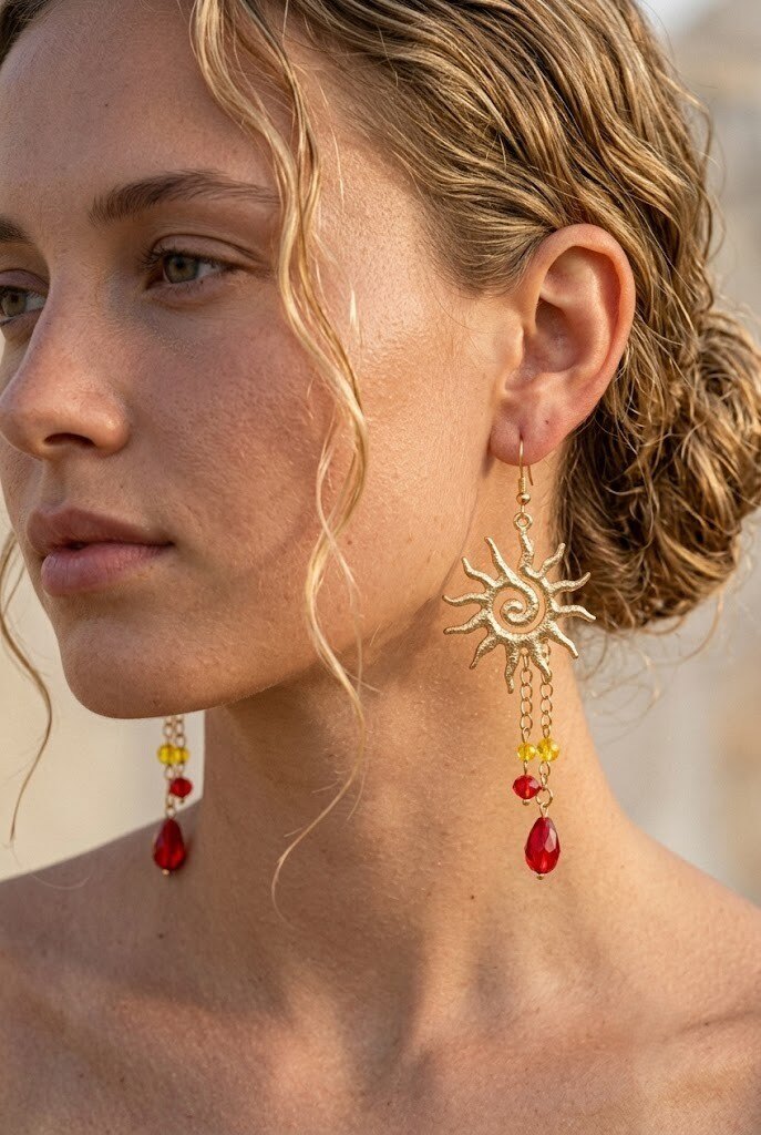Wholesaler COSMOS - Golden stainless steel sun earrings with colorful beads and dangling chains