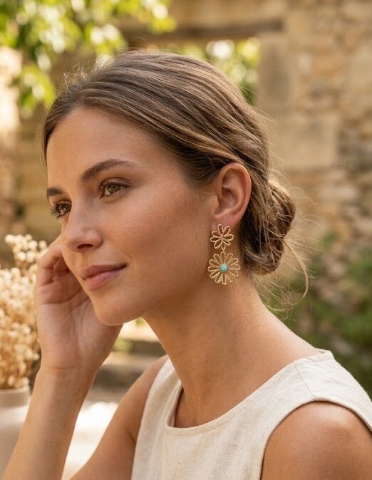 Wholesaler COSMOS - Trendy elegant openwork flower earrings in gold-plated steel with colorful stones