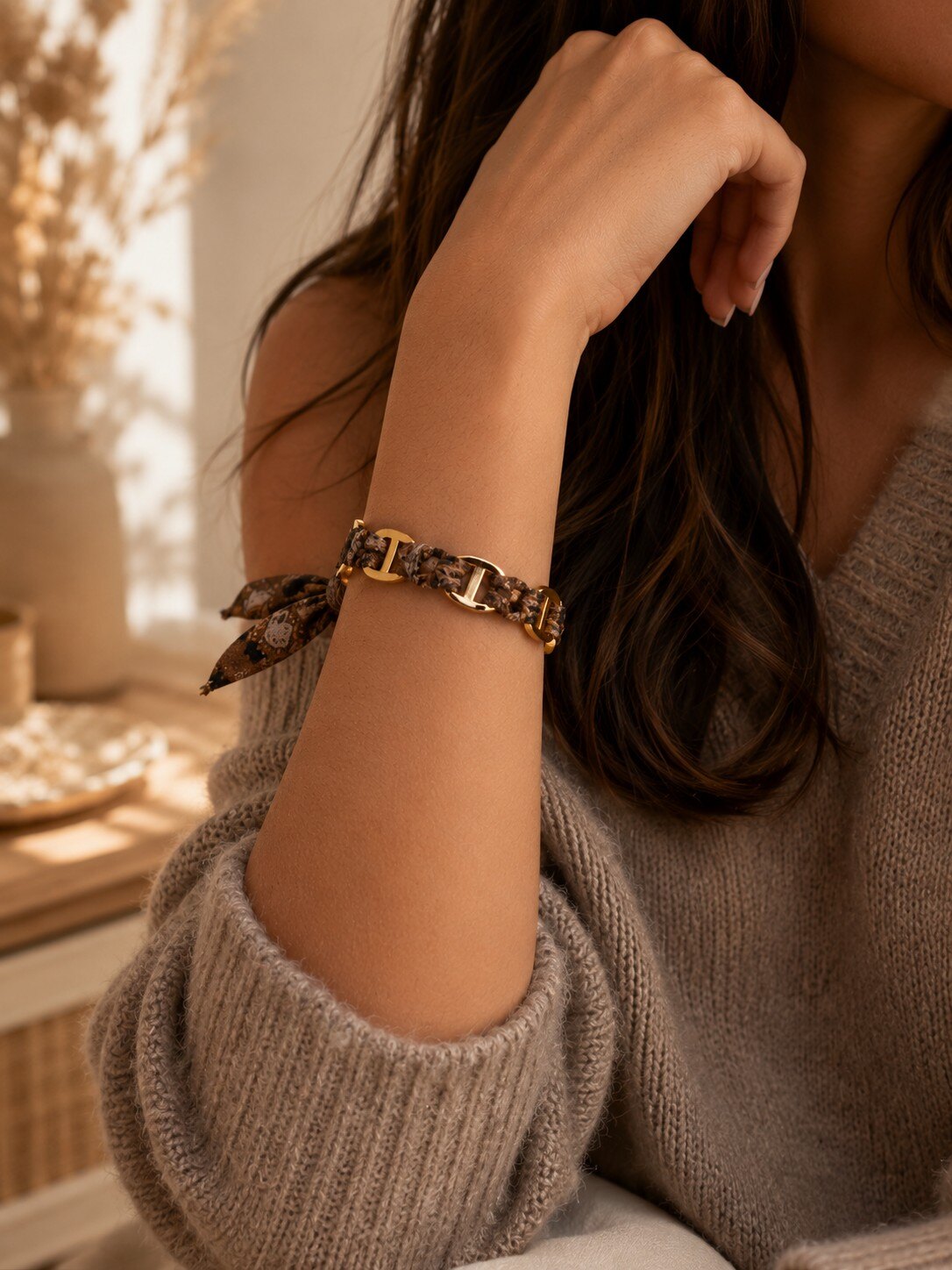 Grossiste COSMOS - Bracelet chaîne maillons ovales doré tressé tissu imprimé élégant moderne femme