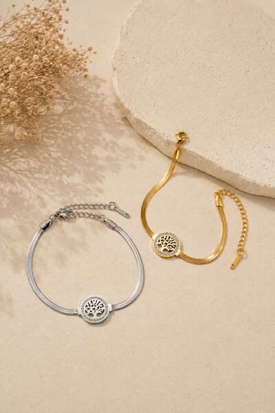 Wholesaler COSMOS - Set of 2 elegant stainless steel bracelets in gold and silver with tree of life designs Wholesaler COSMOS - Set of 2 elegant stainless steel bracelets in gold and silver with tree of life designs