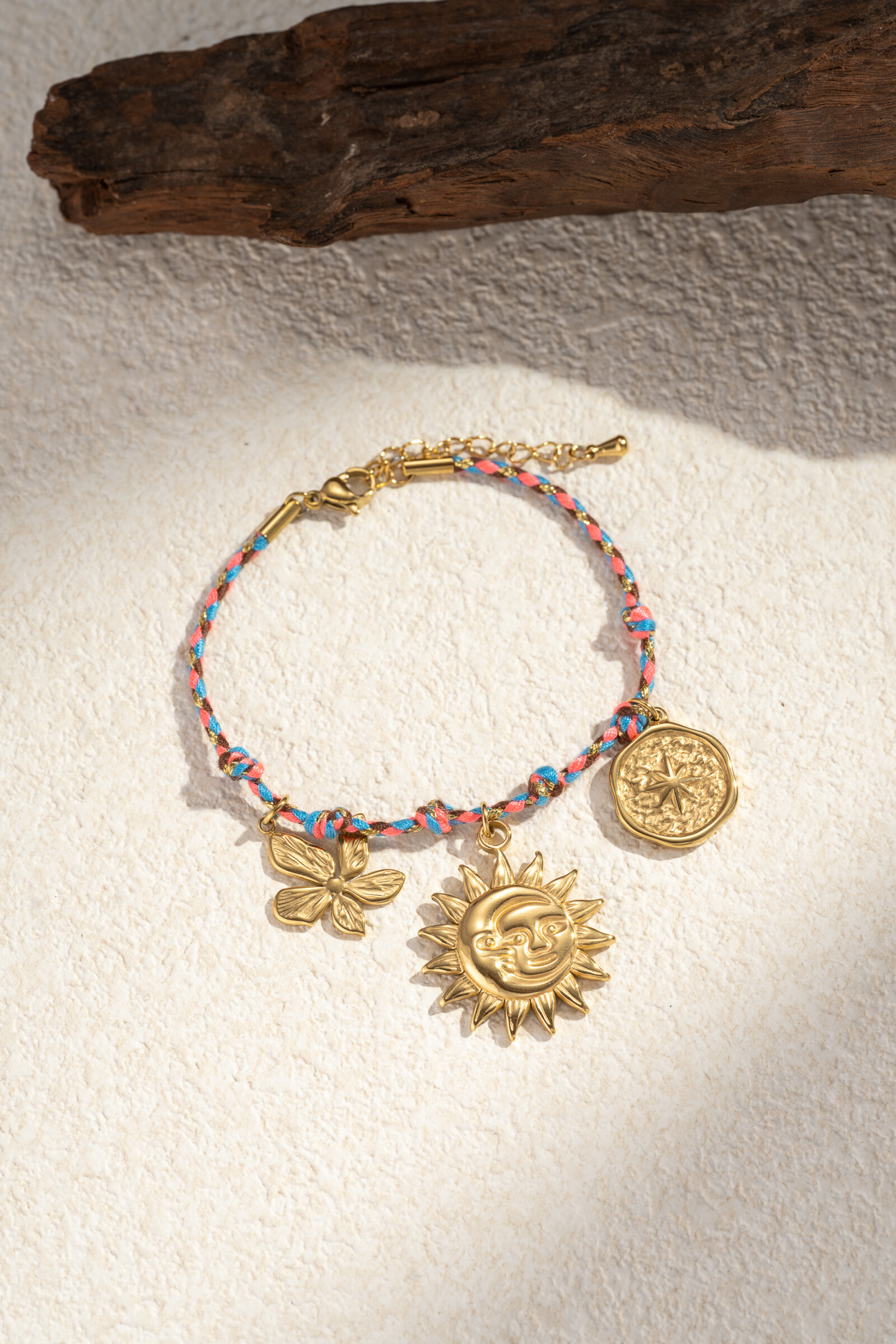Wholesaler COSMOS - Braided cord bracelet with flower sun moon charms steel boho chic