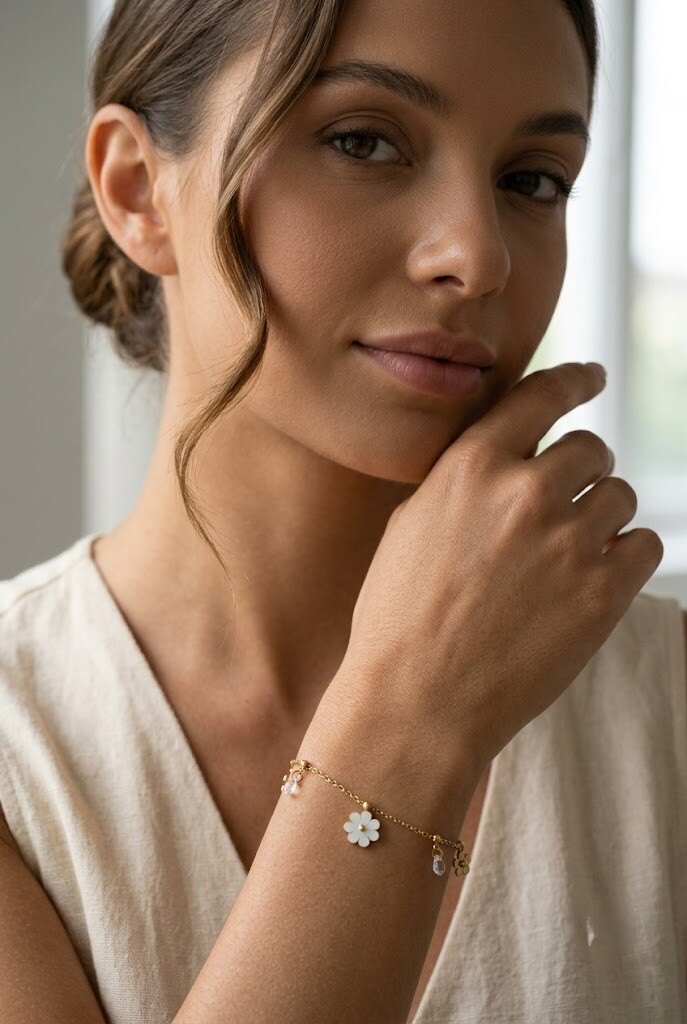 Grossiste COSMOS - Bracelet fleur cristal délicate femme doré argenté chaîne fine acier inoxydable tendance