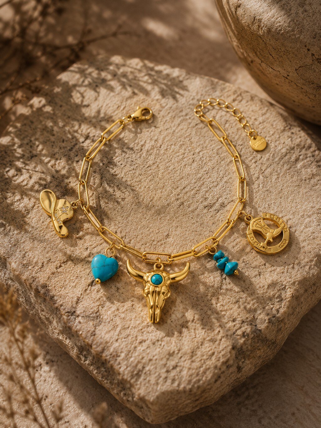 Grossiste COSMOS - Bracelet doré charms western turquoise taureau cœur chapeau acier inoxydable tendance