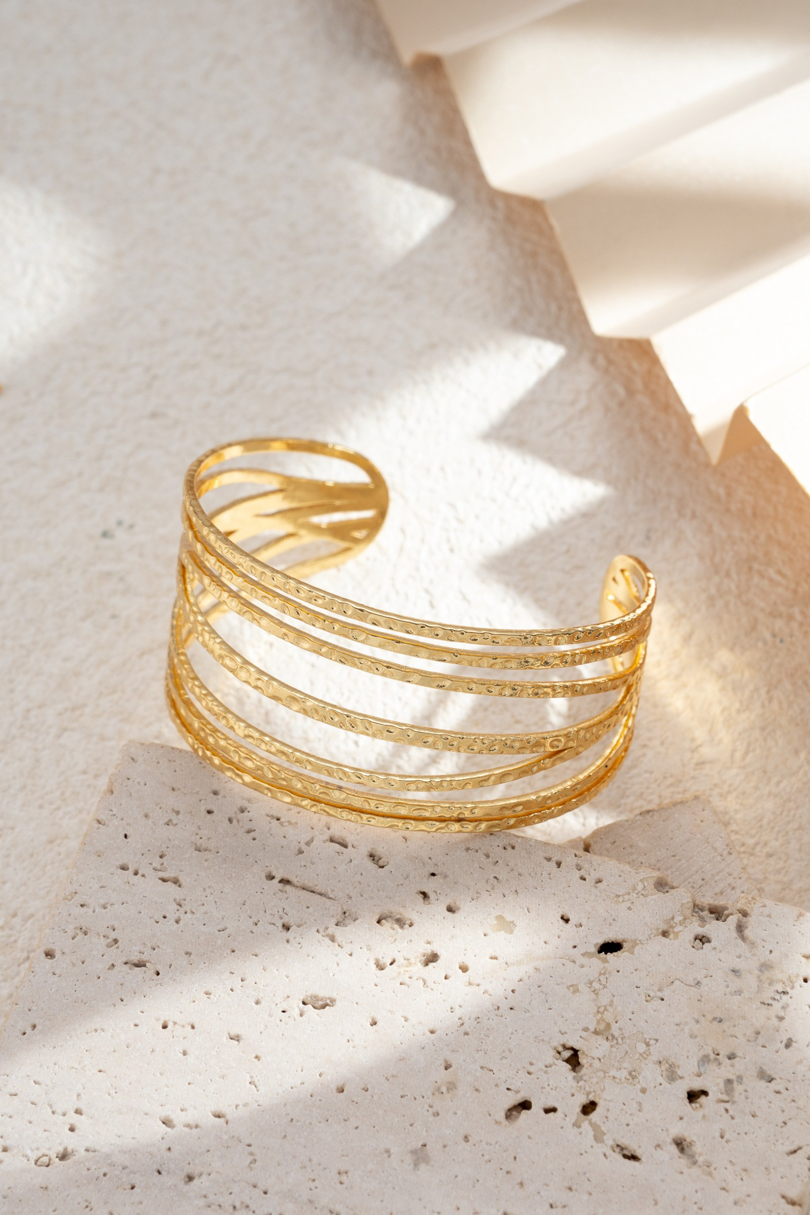 Wholesaler COSMOS - Golden Cuff Bracelet with Textured Multi-Bands in Stainless Steel, Airy Light Architecture