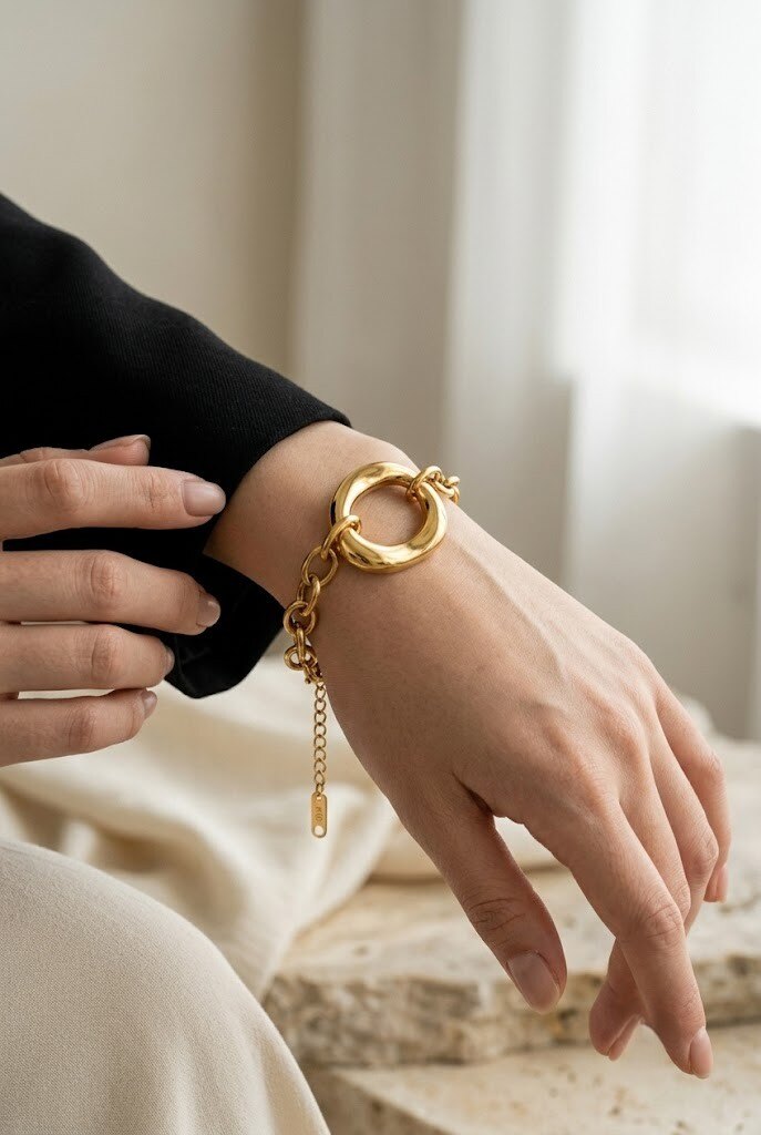 Grossiste COSMOS - Bracelet chaîne sculptural acier inoxydable argenté doré moderne femme tendance réglable