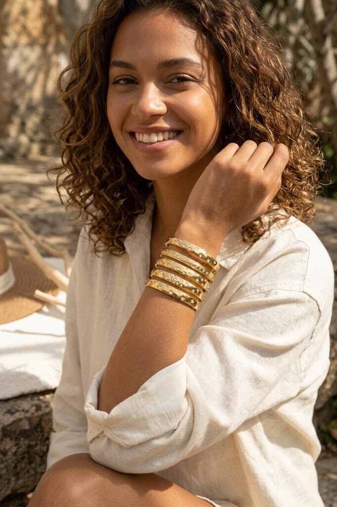 Grossiste COSMOS - Lot 5 joncs dorés scintillants larges empilables style bohème chic bracelets