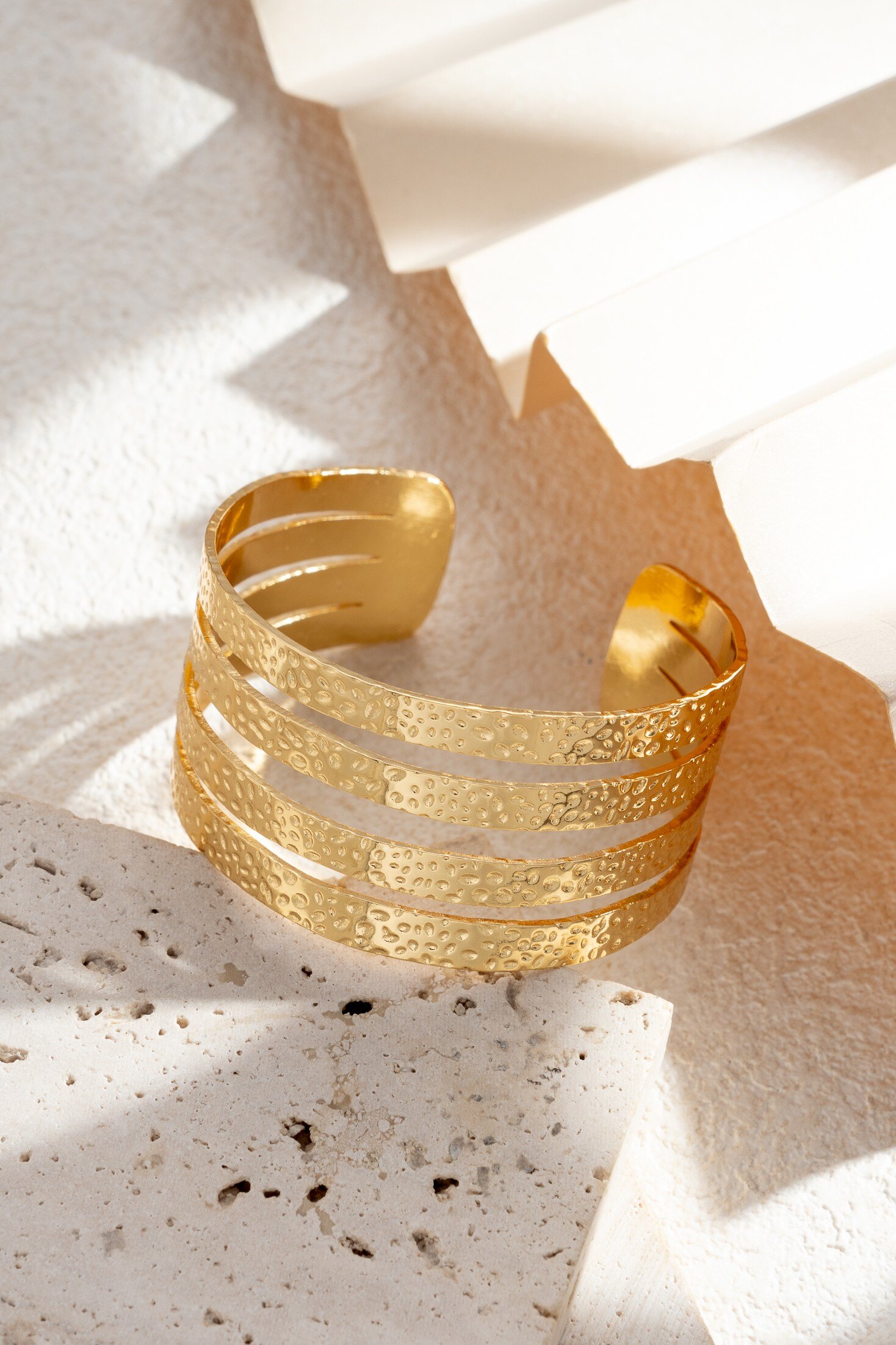 Wholesaler COSMOS - Golden Openwork Textured Cuff Bracelet in Stainless Steel, Modern Sculpted Light Architecture