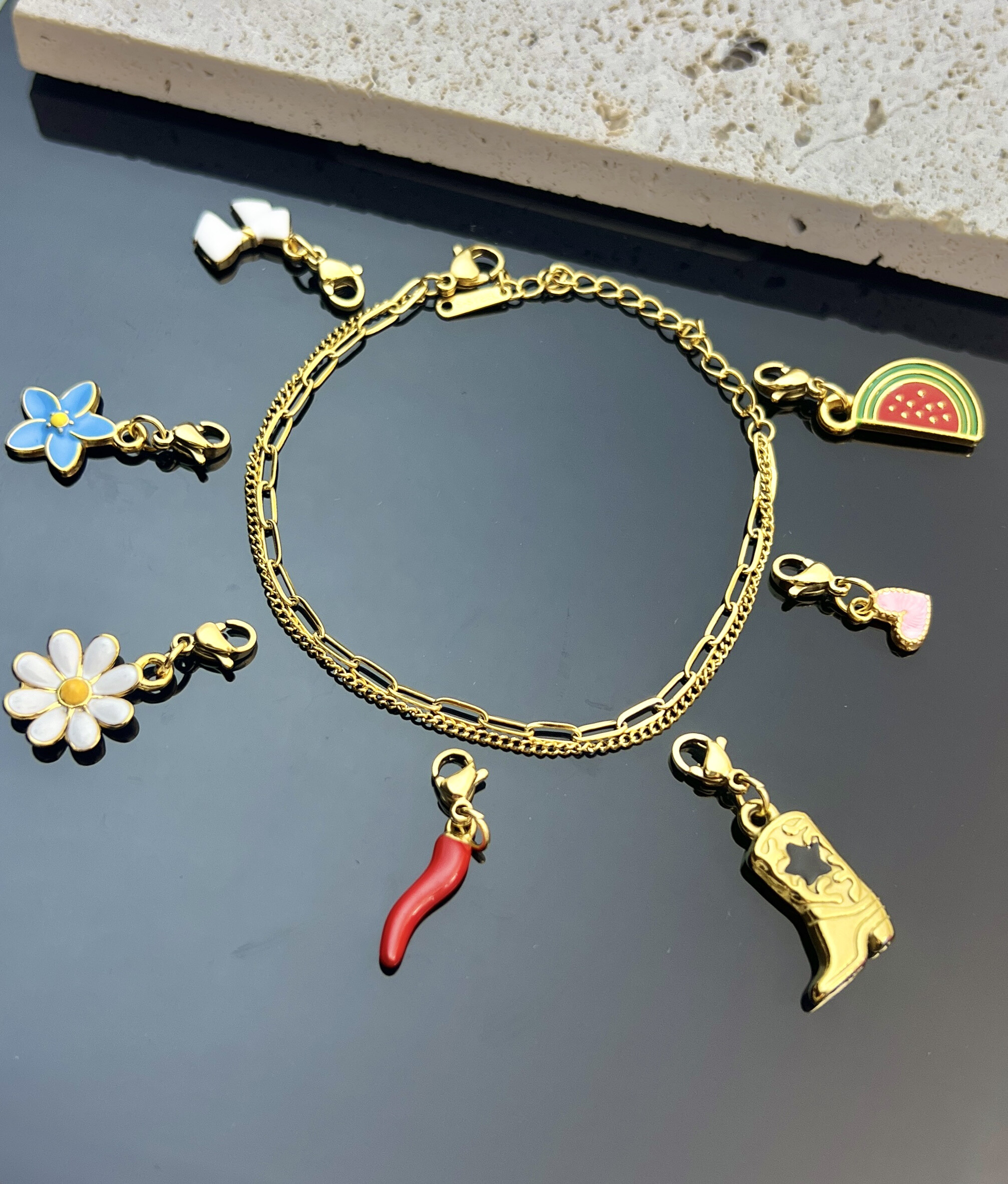 Grossiste COSMOS - Bracelet Double Tour Maille Rectangulaire Porte-Charms en Acier Inoxydable