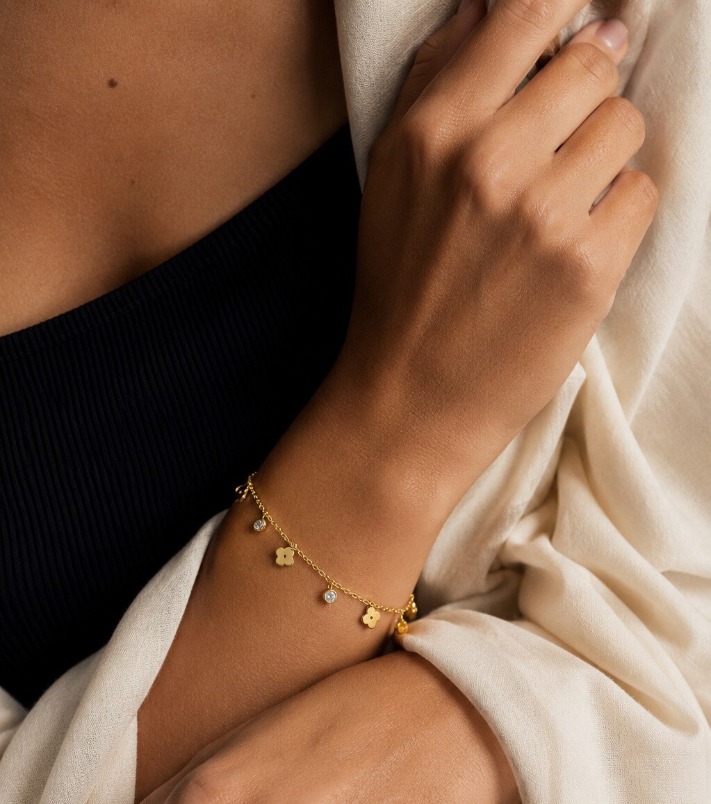 Großhändler COSMOS - Strahlendes feingliedriges Armband mit Kristallblume aus gold- und silberfarbenem Edelstahl