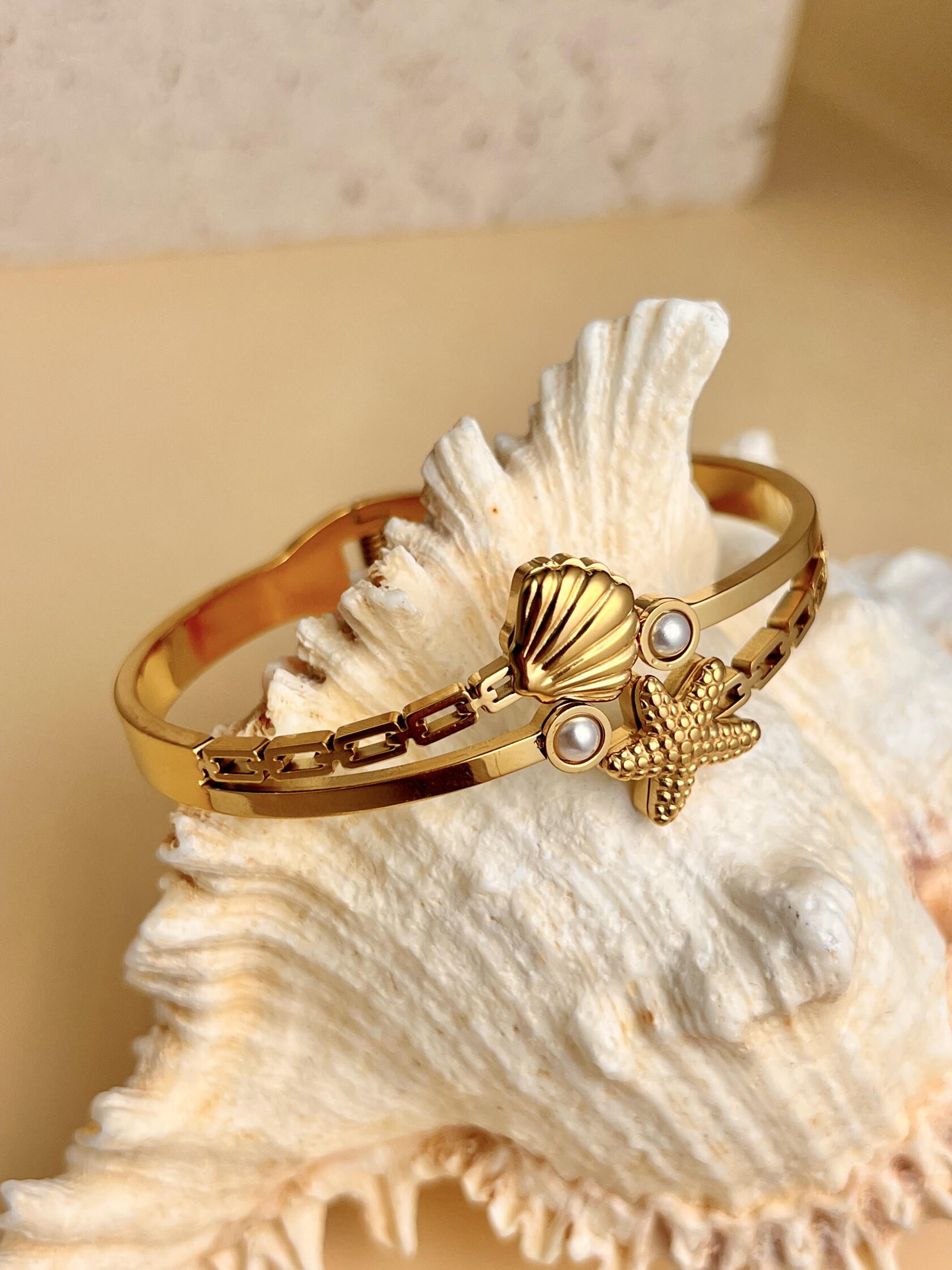 Grossista COSMOS - Bracciale Rigido Stella Marina & Conchiglia - Acciaio Inossidabile