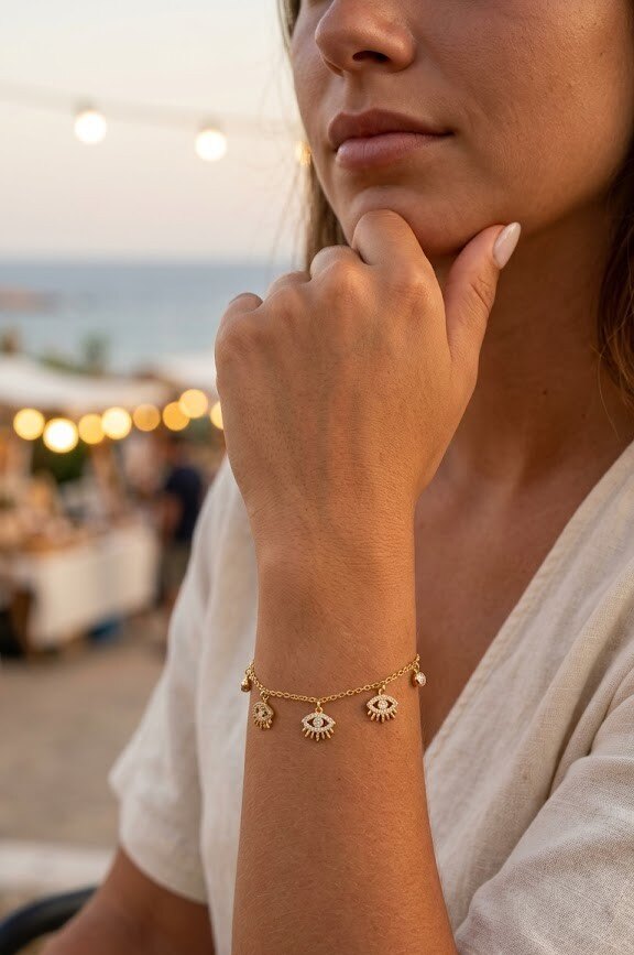 Grossiste COSMOS - Bracelet œil protecteur cristaux acier inoxydable doré délicat ajustable élégant chic