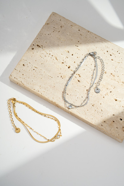 Wholesaler COSMOS - Set of 2 stainless steel bracelets in gold and silver with round charm and luminous stone Wholesaler COSMOS - Set of 2 stainless steel bracelets in gold and silver with round charm and luminous stone