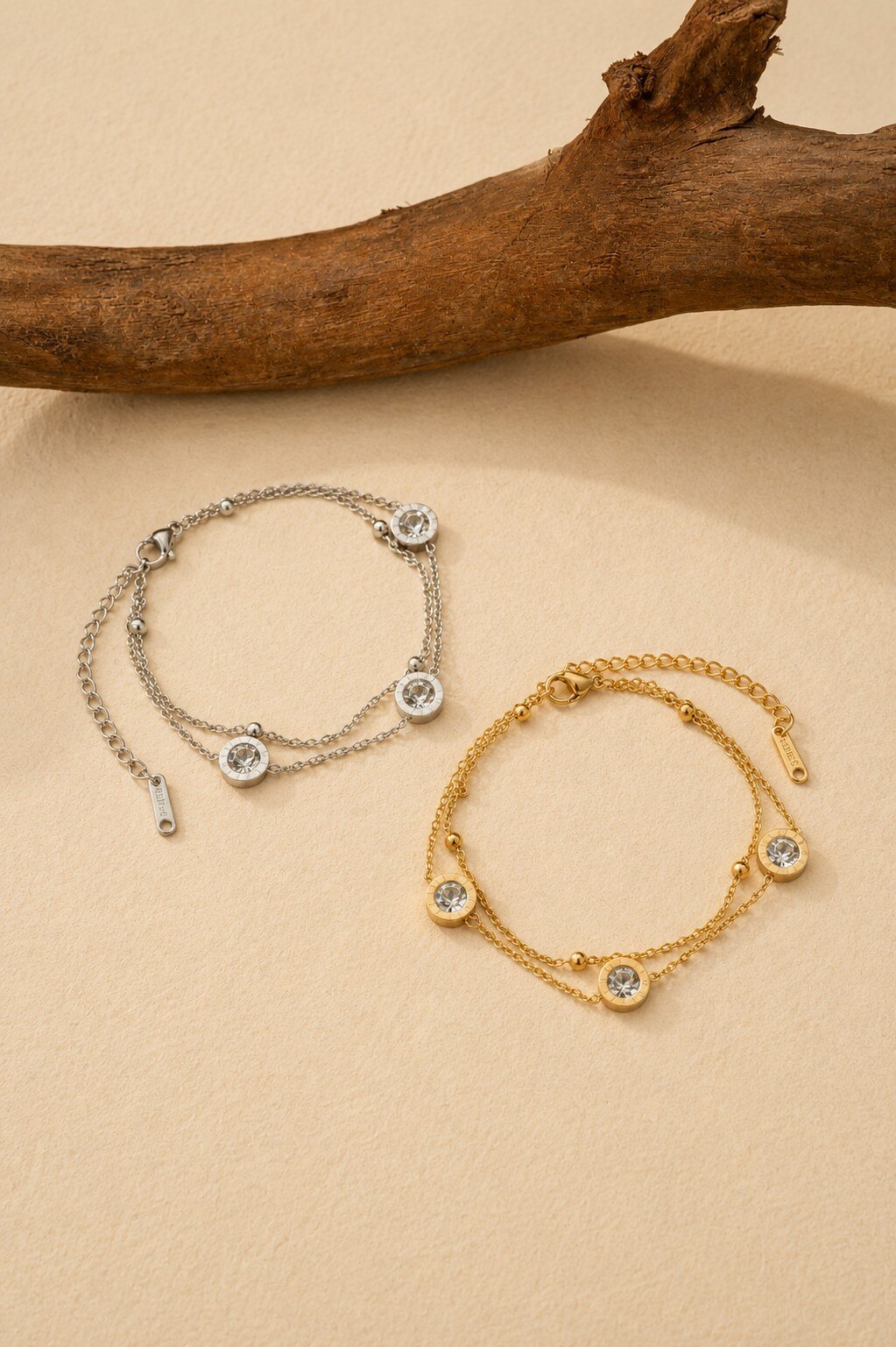 Grossiste COSMOS - Lot 2 bracelets acier inoxydable doré argenté pierres rondes éclat moderne délicat