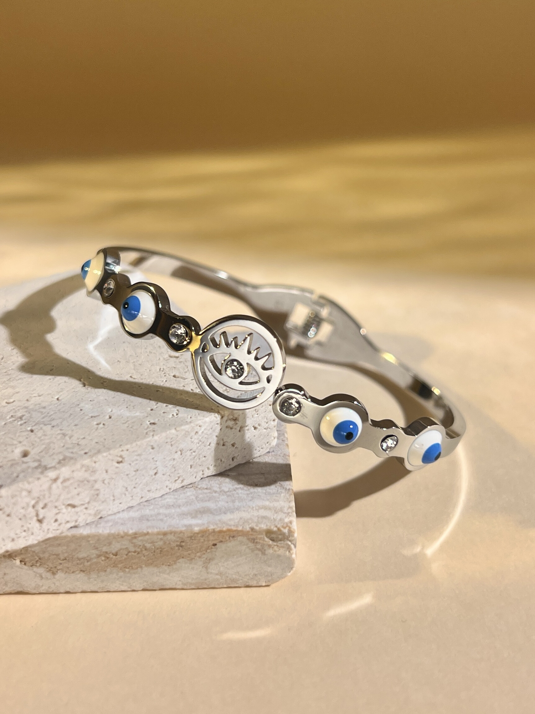Grossiste COSMOS - Bracelet Jonc Œil Protecteur Argenté Strass Pierre