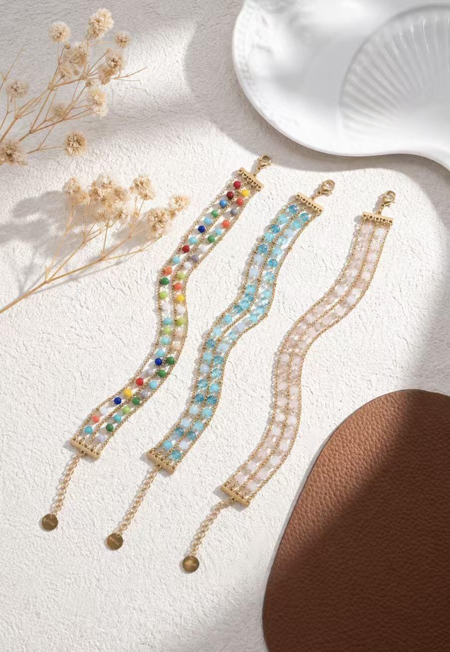 Grossiste COSMOS - Lot 3 bracelets perles colorées doré double rang réglables style bohème chic femme