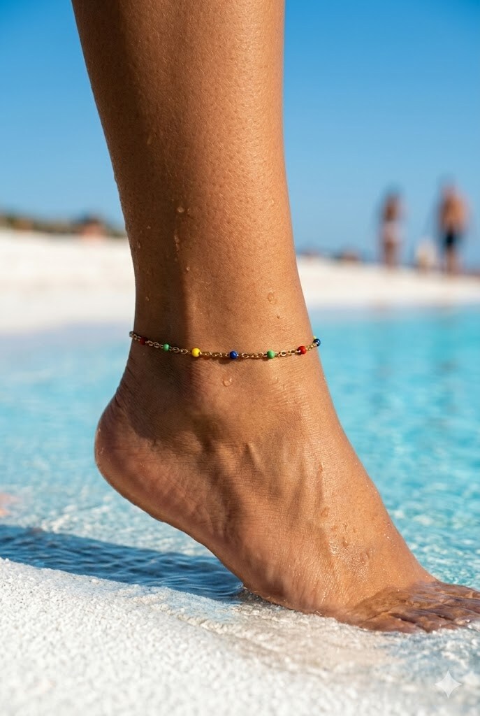 Wholesaler COSMOS - Delicate gold anklet with colorful fine beads, women's summer beach trend