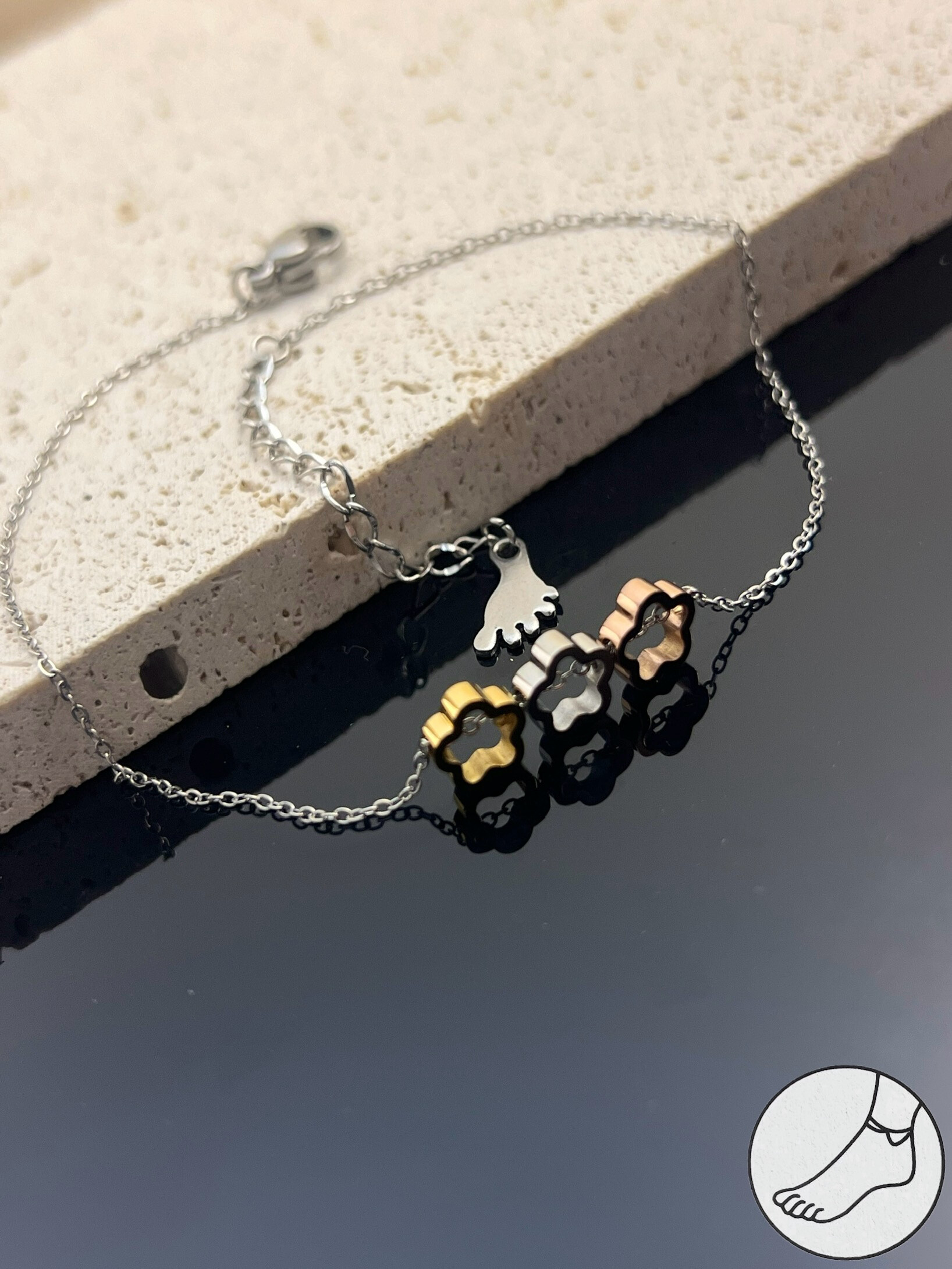 Wholesaler COSMOS - Three-Color Clover Anklet Chain - Stainless Steel Silver, Gold & Rose Gold