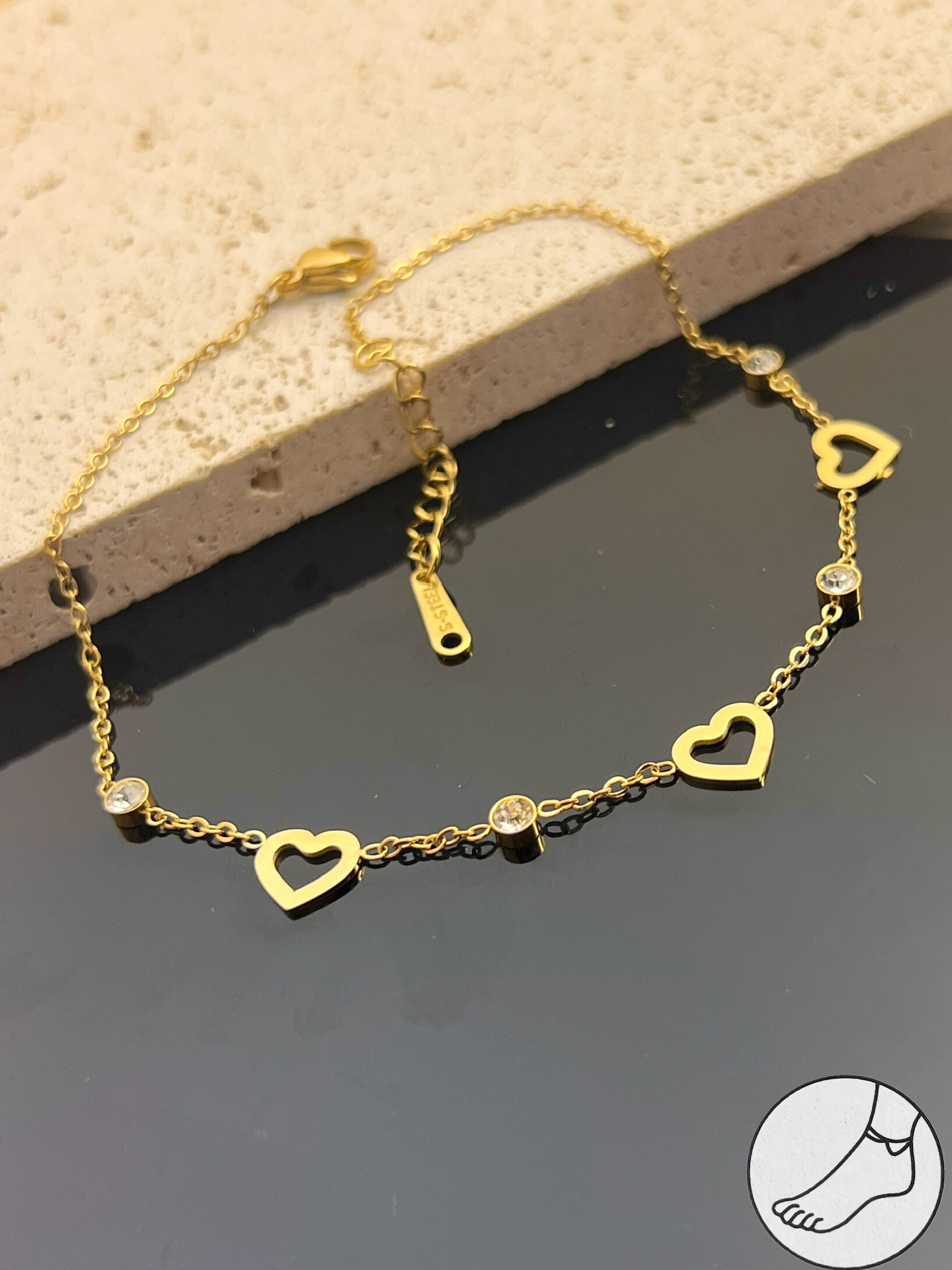 Wholesaler COSMOS - Stainless Steel Anklet Chain & Sparkling Small Heart Rhinestones -