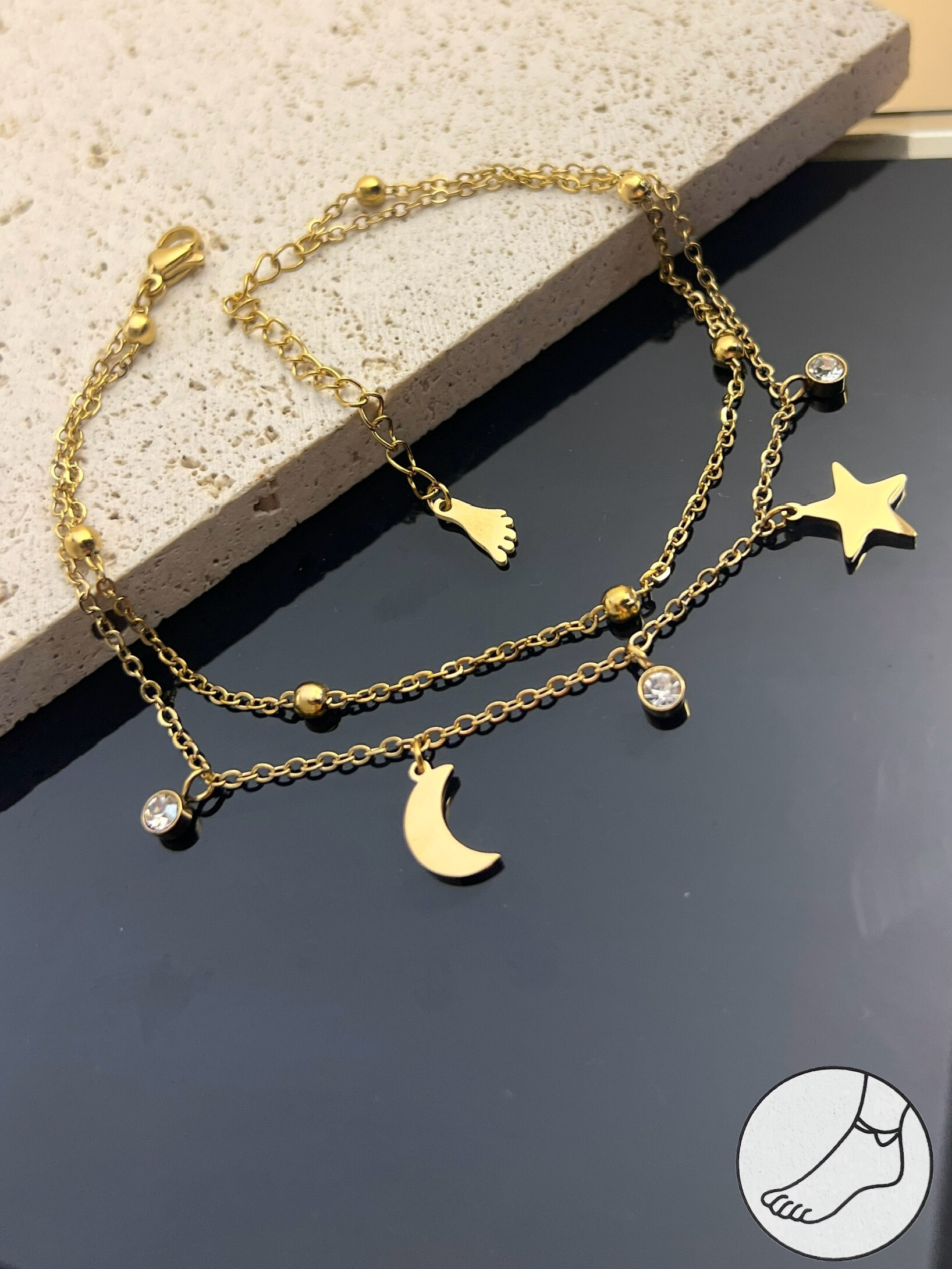 Wholesaler COSMOS - Double Wrap Anklet Moon & Star - Stainless Steel & Rhinestone