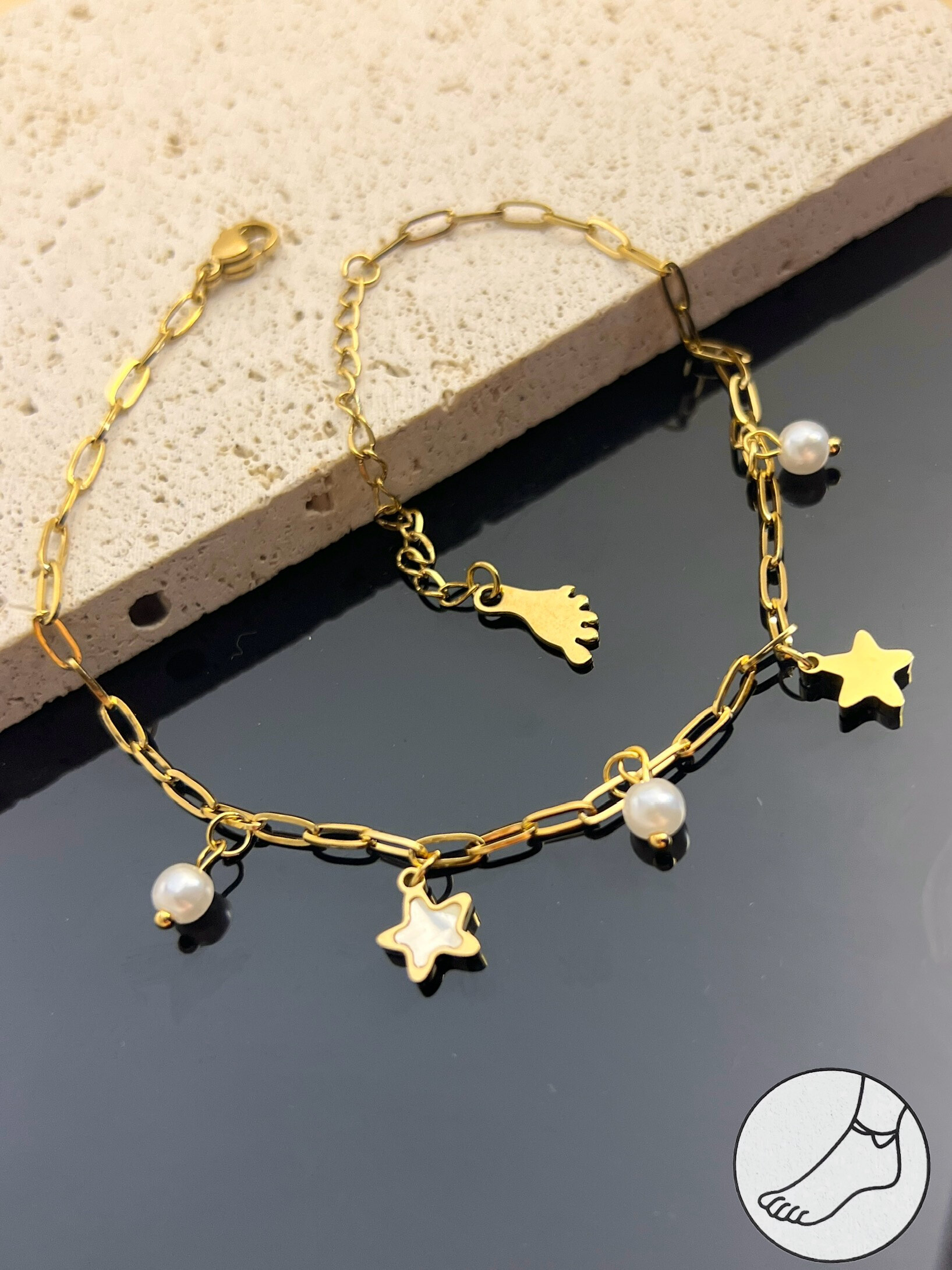 Wholesaler COSMOS - Star Pearl Anklet Chain - Stainless Steel, Pearl & Mother of Pearl