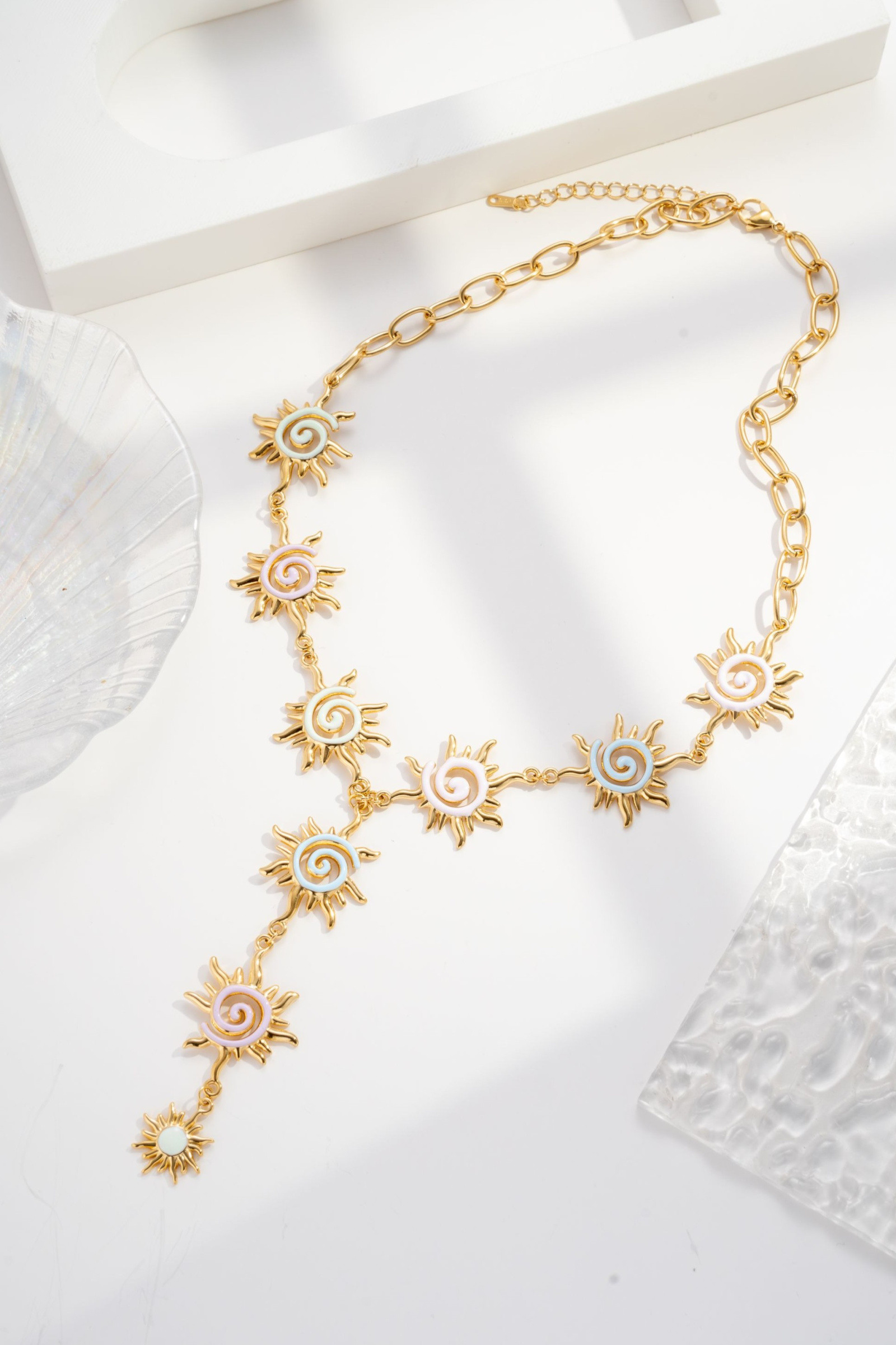 Wholesaler COSMOS - Golden Pastel Sun Necklace with Elegant Wide Chain in Shiny Stainless Steel