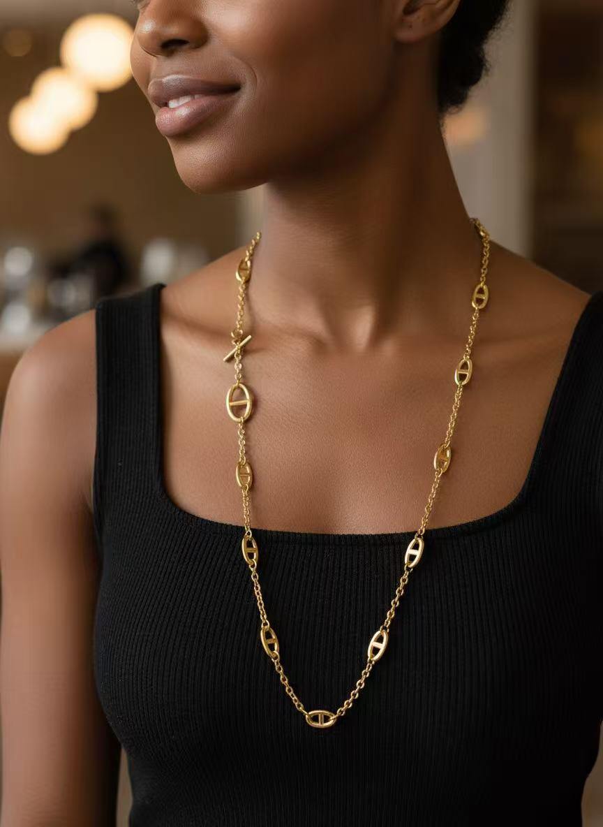 Grossiste COSMOS - Collier Sautoir maille ovale acier inoxydable doré long élégant tendance