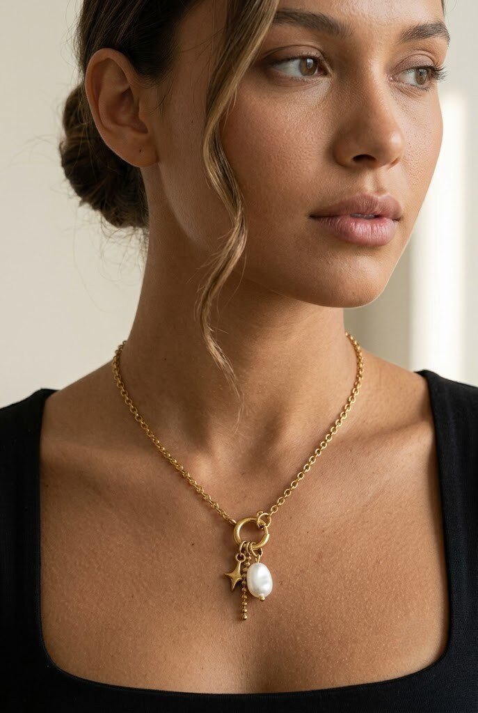 Wholesaler COSMOS - Gold necklace with ring pendant, star tassels, pearl bar, chic stainless steel