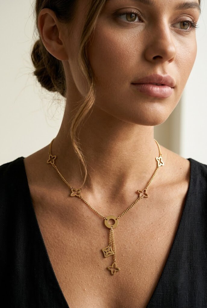 Wholesaler COSMOS - Gold necklace with delicate charms, stainless steel, elegant openwork patterns, refined and feminine