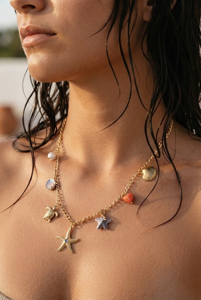Grossiste COSMOS - Collier charms marins étoile tortue coquillage acier inoxydable doré estival chic