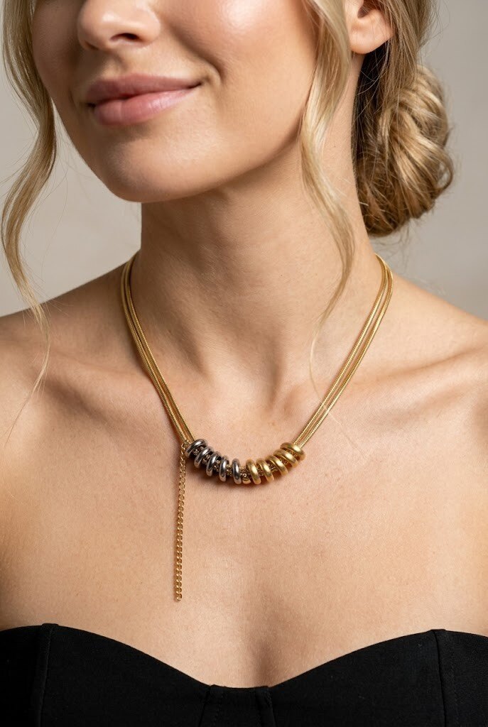 Großhändler COSMOS - Edelstahlkette mit abwechselnd goldenen und silbernen Ringen, ein elegantes und trendiges Schmuckstück für Damen
