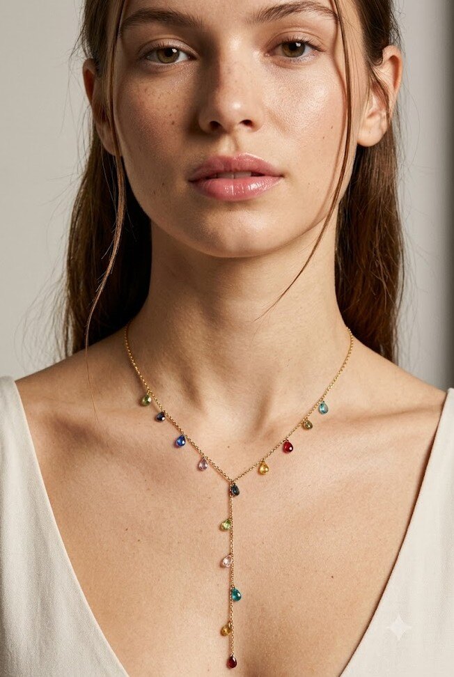 Mayorista COSMOS - Collar dorado con gotas de piedras preciosas multicolores para una mujer chic, elegante, moderna y radiante