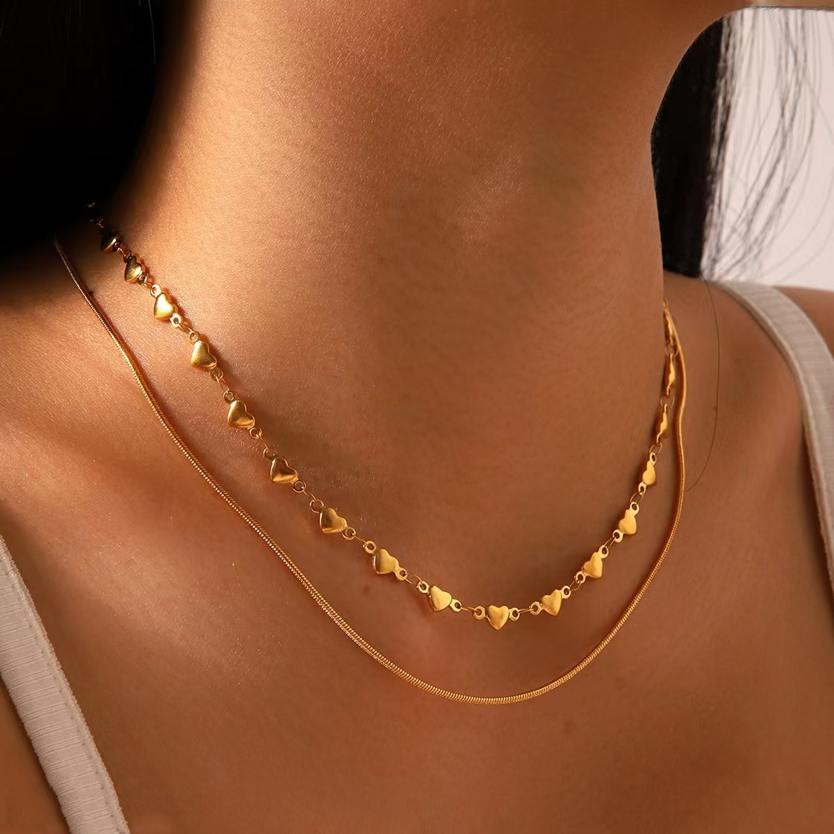 Wholesaler COSMOS - Trendy chic women's double wrap gold heart stainless steel necklace