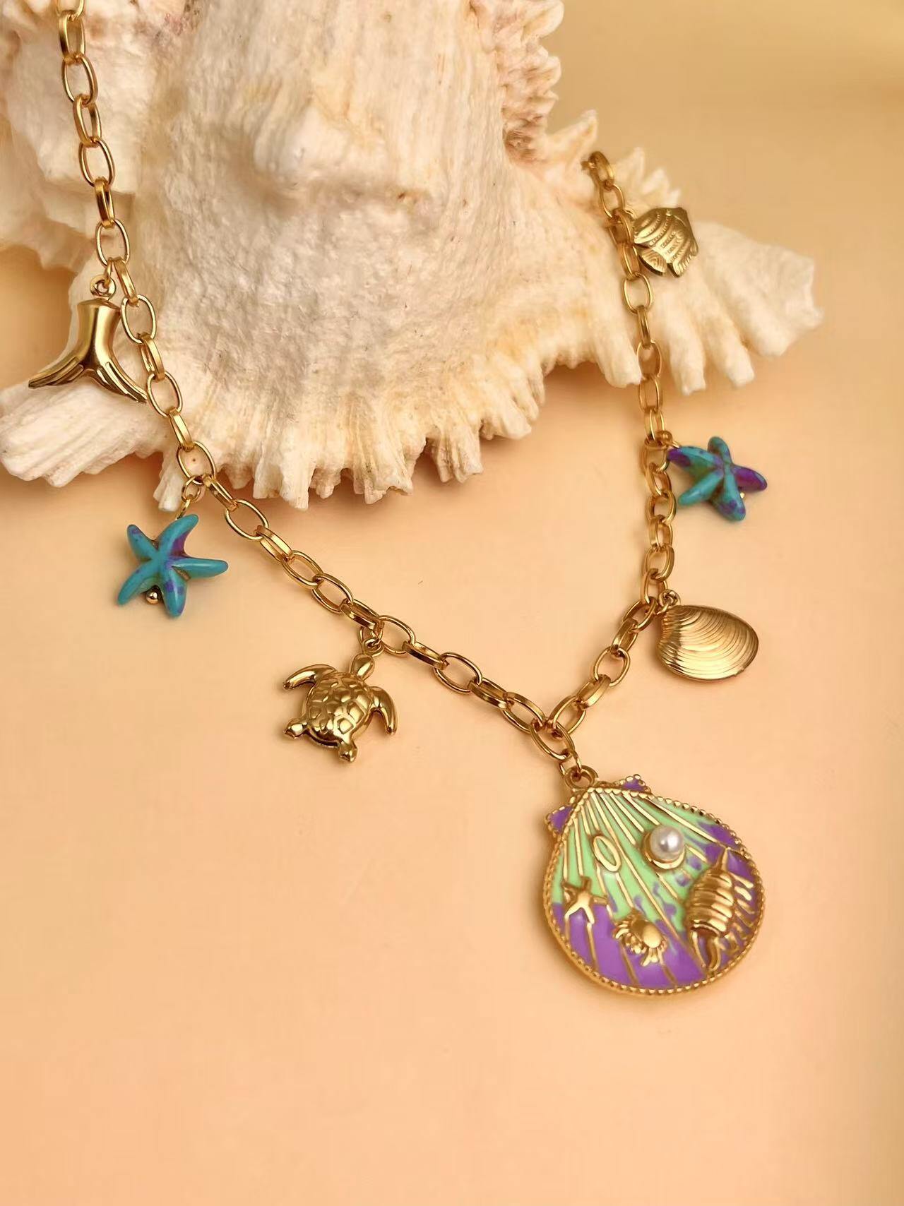 Grossista COSMOS - Collana pendente conchiglia stella marina colorata acciaio inossidabile bohémien