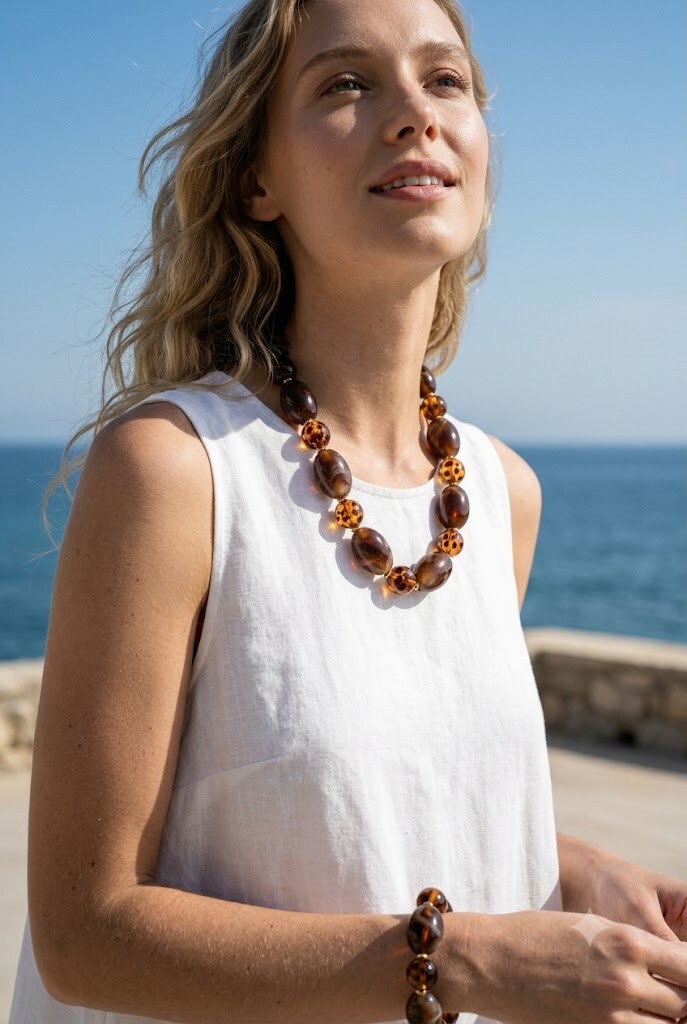 Grossista COSMOS - Collana elegante di tendenza estiva con perle marroni ambra marmorizzate e accenti di sole dorato