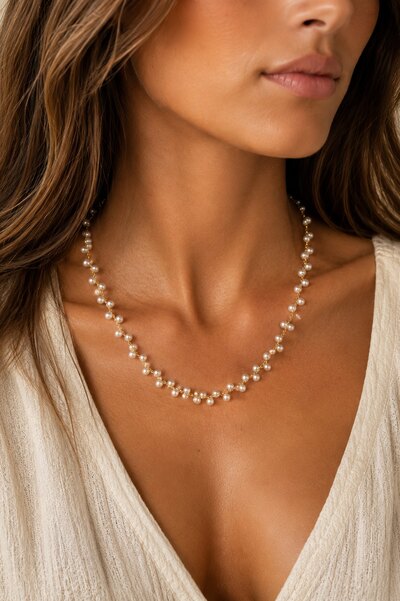 Grossista COSMOS - Collana di perle bianche delicate con catena dorata fine ed elegante, stile femminile moderno Grossista COSMOS - Collana di perle bianche delicate con catena dorata fine ed elegante, stile femminile moderno