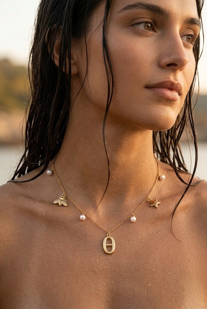 Wholesaler COSMOS - Stainless steel necklace with bee and star charms, delicate pearls, elegant, trendy, feminine